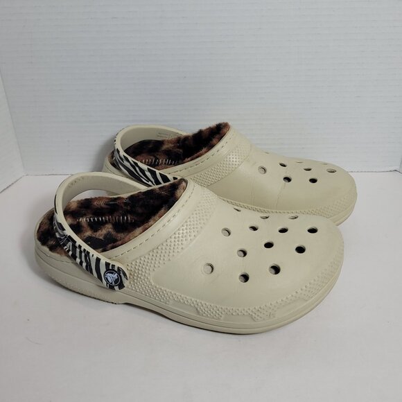 Crocs Classic Clog Beige Cheetah Leopard Animal Print Lining Unisex Wm's 9 Men 7 - Picture 1 of 11
